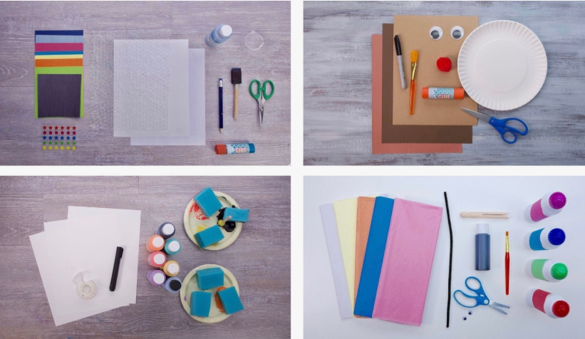 DIY craft supplies including colored paper, scissors, glue, paintbrushes, paper plates, googly eyes, and craft materials for beginners.