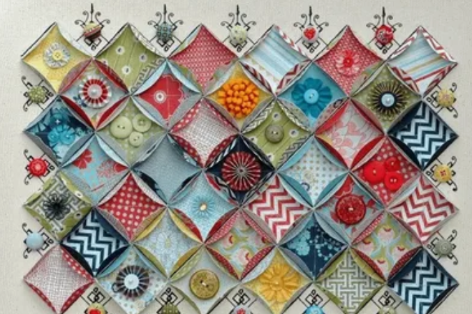 Colorful handmade paper craft featuring folded patterned paper squares arranged in a decorative geometric design.