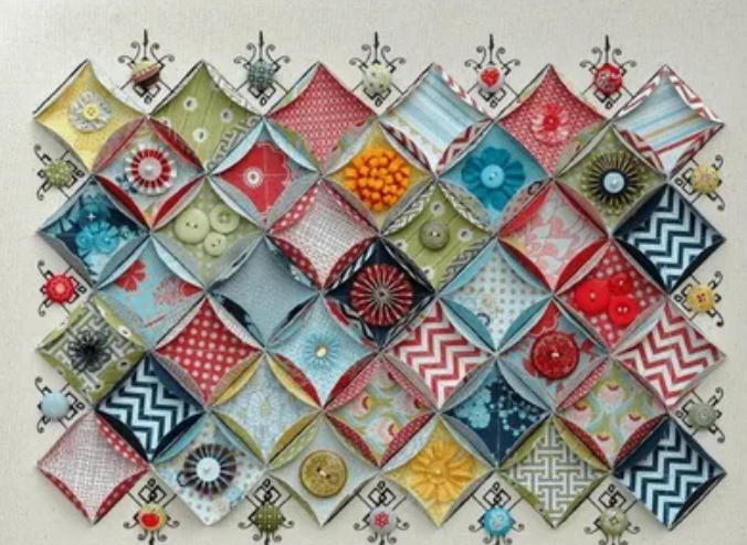 Colorful handmade paper craft featuring folded patterned paper squares arranged in a decorative geometric design.