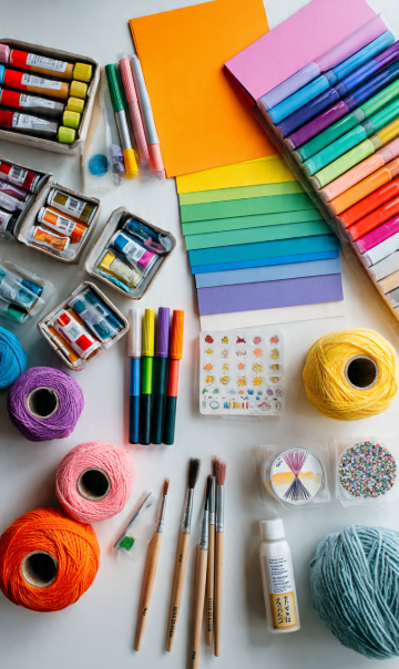 Essential craft tools for beginners with colorful paper, markers, yarn, brushes, and craft supplies.