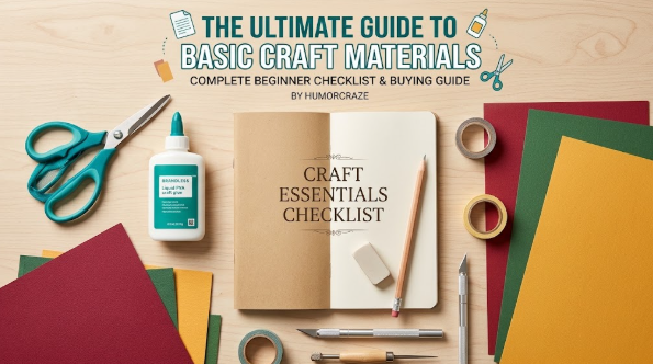 Top-down flat lay view of essential **basic craft materials** such as colorful cardstock paper, PVA glue, and craft scissors for beginners.