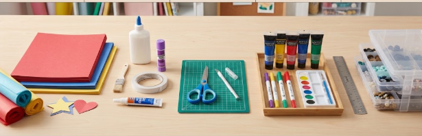 Flat lay display of essential crafting materials including cardstock, glue, cutting tools, paints, and storage bins on a wooden table.