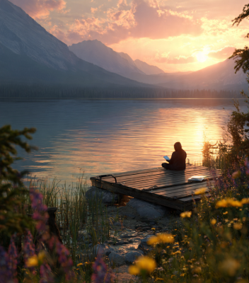 "A person sitting peacefully on a wooden dock by a calm mountain lake during a breathtaking sunset, demonstrating why is beauty important in life for inner peace and reflection."