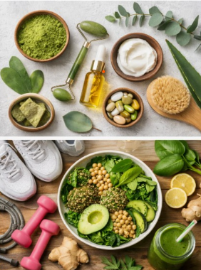 "A split-image layout showing natural skincare and wellness products on top, paired with a healthy green salad, dumbbells, and fitness gear at the bottom, illustrating why is beauty important in life through health and self-care."