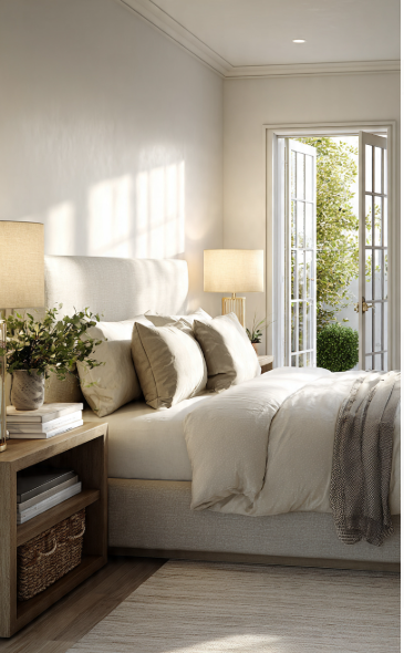 tranquil, sunlit bedroom interior that perfectly illustrates the **7 rules of decorating** through balanced proportion, harmonious color, and inviting textures.