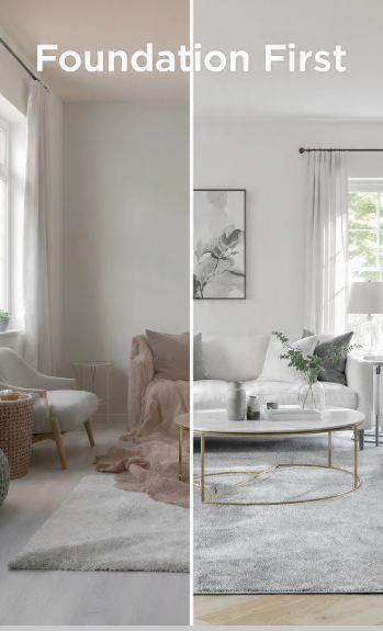 A split-screen interior design comparison illustrating the 7 rules of decorating : the left side shows an empty foundation space, while the right side displays a fully furnished, decorated room. 