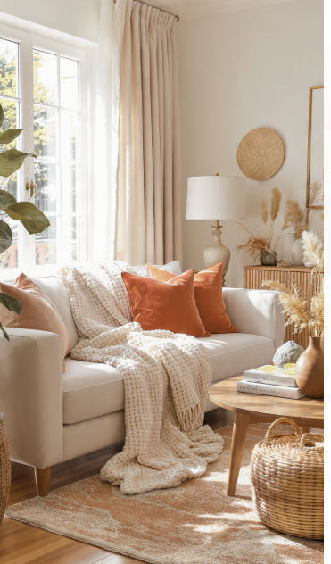 A cozy, sunlit living room interior that demonstrates several of the 7 rules of decorating, featuring a cream sofa, rust-colored pillows, and textured elements like a rattan rug and dried pampas grass.