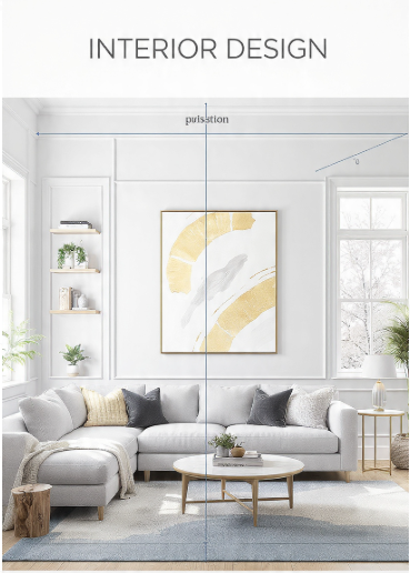  A professional interior design graphic titled "INTERIOR DESIGN" that features a modern living room with a light gray sectional sofa, demonstrating principles from the  7 rules of decorating such as proper proportion and balance.