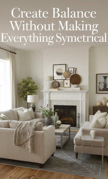 An interior design graphic featuring the text "Create Balance Without Making Everything Symmetrical," showcasing a living room that illustrates a key concept from the 7 rules of decorating.