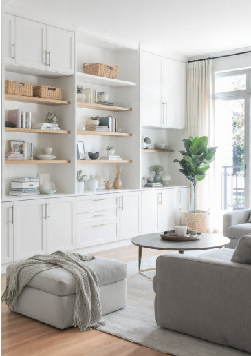 A bright, modern living room showcasing built-in white shelving and styled storage units, demonstrating spatial organization principles from the 7 rules of decorating.