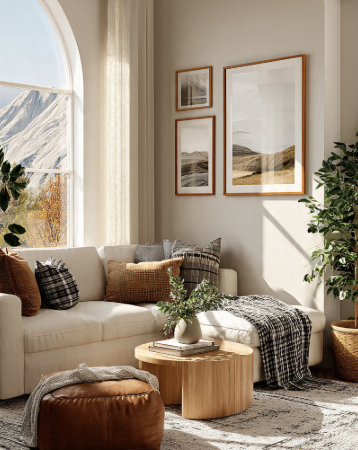 A stylish, sunlit living room corner featuring a large arched window, framed wall art, and leather pouf, demonstrating design principles from the 7 rules of decorating.