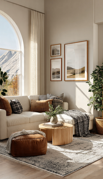 A stylish, sunlit living room corner featuring a large arched window, framed wall art, and leather pouf, demonstrating design principles from the 7 rules of decorating.