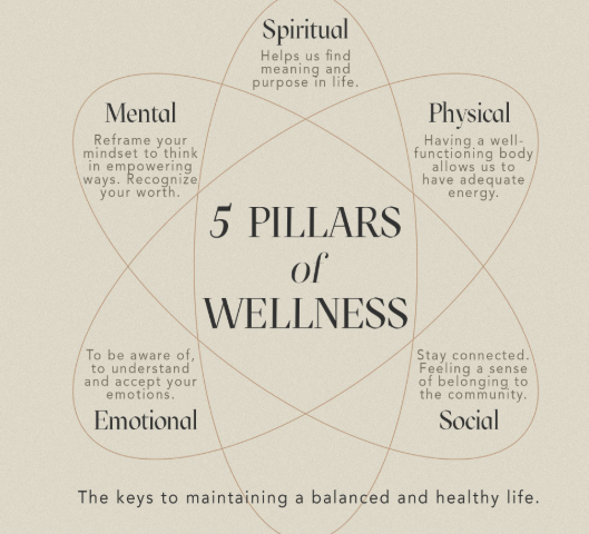 Infographic titled "5 Pillars of Wellness" displaying mental, spiritual, physical, emotional, and social wellness categories.