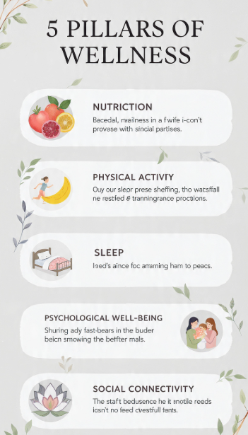 Infographic about the 5 pillars of wellness, highlighting nutrition and physical activity to guide balanced well-being.