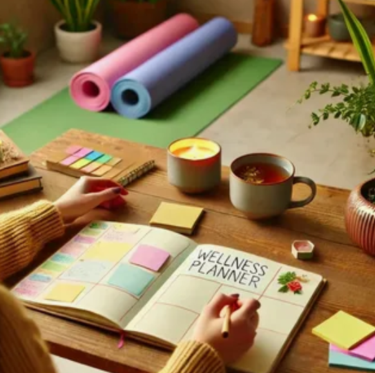 "A cozy desk setup featuring a wellness planner, a hot cup of tea, and yoga mats in the background, inspiring routines for the 5 pillars of wellness."