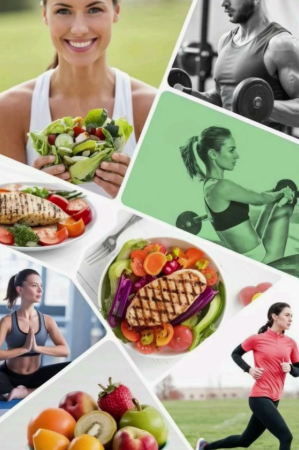 "A photo collage featuring healthy foods, exercise, yoga, and running, showcasing daily habits for the 5 pillars of wellness."