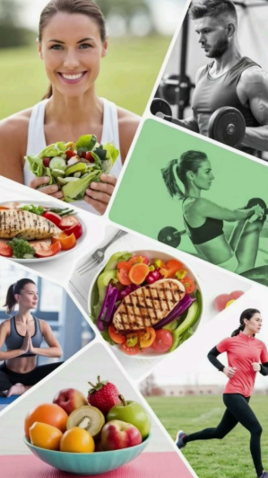 "A photo collage featuring healthy foods, exercise, yoga, and running, showcasing daily habits for the 5 pillars of wellness."