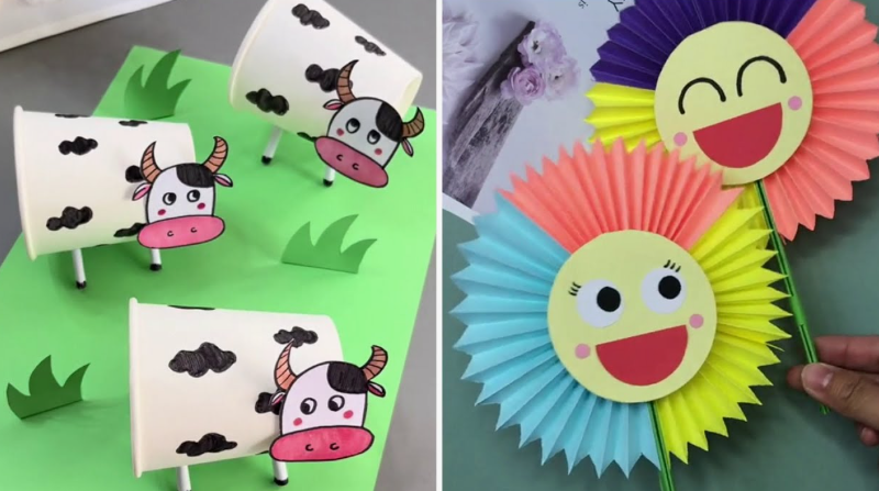 Colorful easy paper crafts featuring a paper cup farm animal scene and smiling accordion paper flowers.