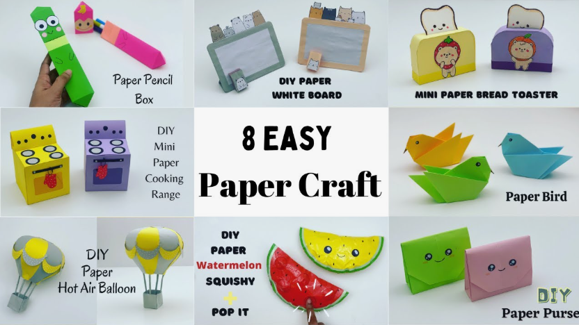 Collage showcasing 8 easy paper craft ideas including a paper pencil box, mini toaster, hot air balloon, and paper purse.