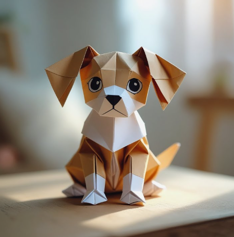 A charming origami dog with brown and white folded paper details sitting on a table.