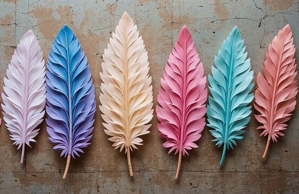 A row of intricately cut easy paper crafts shaped like colorful feathers in pastel shades.