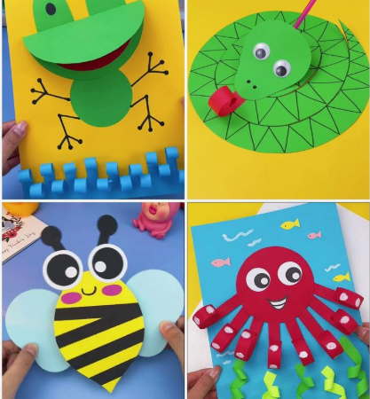 A four-panel collage of easy paper crafts featuring a 3D frog, a spiral snake, a cute bee, and a red octopus.