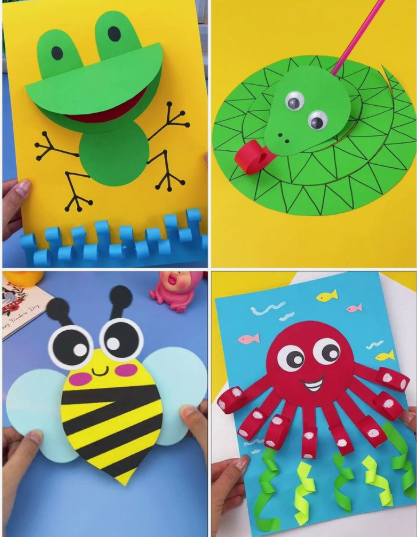 A four-panel collage of easy paper crafts featuring a 3D frog, a spiral snake, a cute bee, and a red octopus.