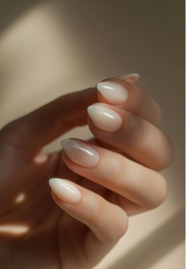 What nail colour is trending now featured as glossy, milky neutral tone almond nails illuminated by soft natural light.