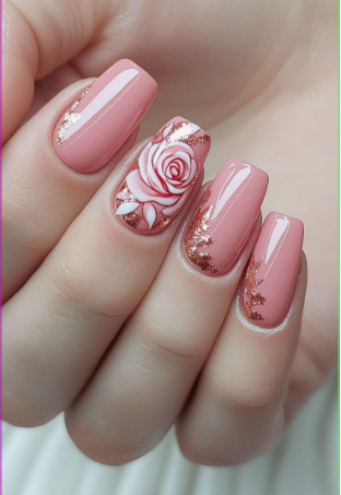 What nail colour is trending now displayed as glossy pink polish featuring an intricate hand-painted white rose and rose gold foil flakes on square nails.