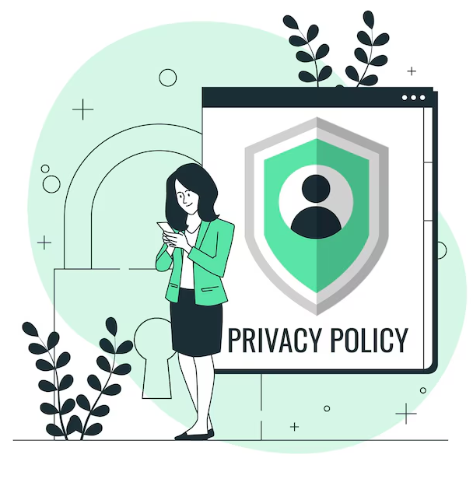 Privacy Policy "Illustration of a woman holding a phone in front of a giant window displaying a large green shield with a user icon and the text 'PRIVACY POLICY'."