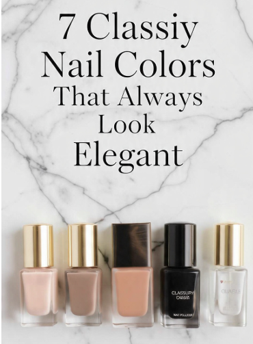A flatlay showcasing 7 classy nail colors in elegant bottles on a marble surface, perfect for inspiring your next manicure on Humor Craze.