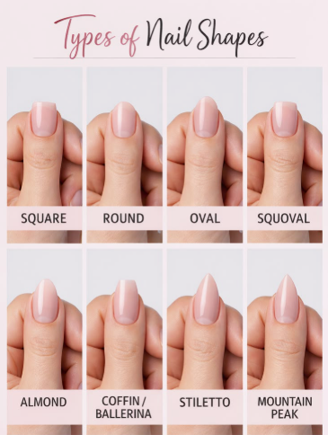 An informative guide titled "Types of Nail Shapes" showcasing various manicured nail styles including square, round, oval, squoval, almond, coffin/ballerina, stiletto, and mountain peak for classy nail design inspiration on Humor Craze.