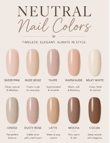 An elegant nail color chart titled 'NEUTRAL Nail Colors' showcasing ten glossy oval swatches in shades of sheer pink, nude beige, taupe, warm nude, milky white, greige, dusty rose, latte, mocha, and cocoa, with the tagline 'TIMELESS. ELEGANT. ALWAYS IN STYLE.' from Humor Craze.