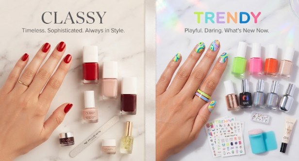 A side-by-side comparison of classy and trendy nail styles, featuring timeless red and nude polishes on the left and vibrant neon art on the right, from Humor Craze.