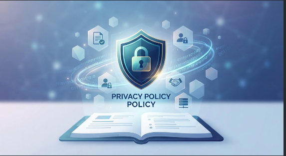 A glowing digital shield icon with a padlock over an open book representing the Humor Craze privacy policy.