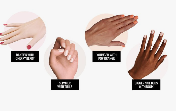 Hands showcasing different nail polish shades like Cherry Berry, Pop Orange, Tulle, and Doux in an article about nail colors that age your hands.