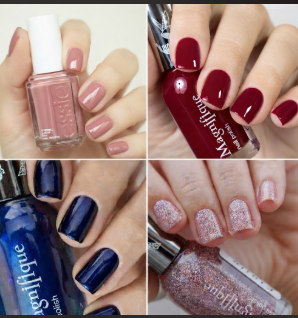 A four-panel collage showing manicured fingernails painted in different nail polish colors, featuring a nude pink Essie polish, deep burgundy, dark navy blue, and a glittery textured polish.