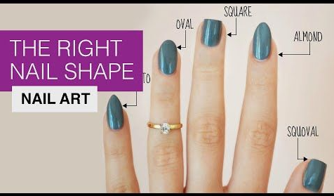 A graphic guide titled "The Right Nail Shape to Nail Art" displaying various fingernail shapes labeled oval, square, almond, and squoval painted in a dusty blue polish.