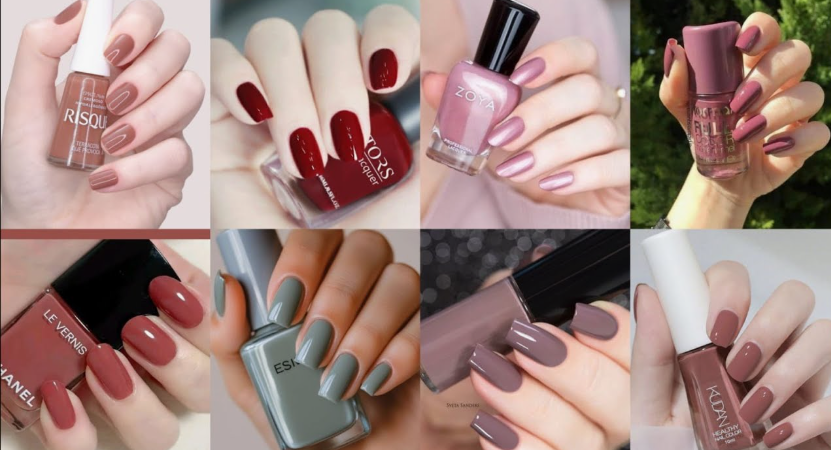 An eight-panel collage displaying manicured fingernails holding various brands of nail polish, featuring shades of brown, deep red, metallic pink, terracotta red, dusty green, muted mauve, and neutral nude.