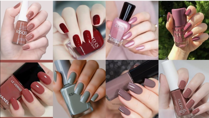 An eight-panel collage displaying manicured fingernails holding various brands of nail polish, featuring shades of brown, deep red, metallic pink, terracotta red, dusty green, muted mauve, and neutral nude.