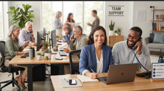 Contact Contact support team members smiling and collaborating in a bright modern office while handling customer inquiries.