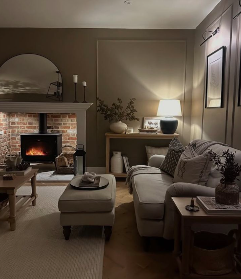 What Home Decor Items Are Trending in 2026? 15 Ideas to Refresh Your Home Cozy living room interior with warm lighting, featuring a wood-burning stove within a brick fireplace surround. Above the mantel is a large arched mirror. An upholstered sofa and ottoman are centered in the foreground, alongside wood-paneled walls and a console table with a lamp.