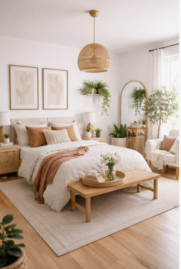 What Home Decor Items Are Trending in 2026? 15 Ideas to Refresh Your Home what home decor items are trending in 2026 highlighting a bright, organic bedroom design with a woven rattan pendant light, neutral earthy tones, and botanical wall art