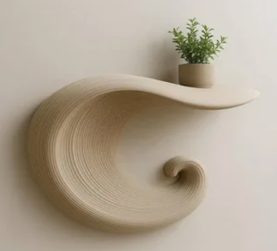 What Home Decor Items Are Trending in 2026? 15 Ideas to Refresh Your Home what home decor items are trending in 2026 highlighting a unique, wave-shaped sculptural wall shelf with textured layers holding a small potted plant