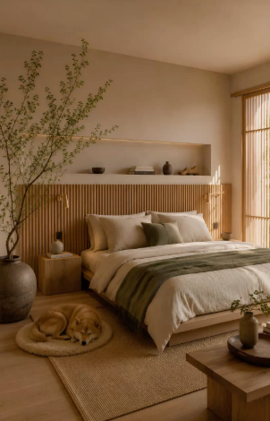 What Home Decor Items Are Trending in 2026? 15 Ideas to Refresh Your Home what home decor items are trending in 2026 highlighting a serene bedroom with a fluted wood slat headboard, neutral bedding, an illuminated wall niche, and a sleeping dog on a round mat