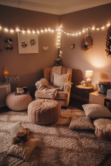 What Home Decor Items Are Trending in 2026? 15 Ideas to Refresh Your Home what home decor items are trending in 2026 highlighting a cozy corner space decorated with string lights, knitted poufs, plush throw pillows, and warm ambient lighting