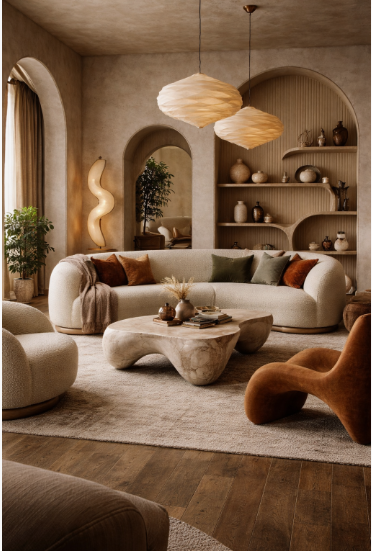 What Home Decor Items Are Trending in 2026? 15 Ideas to Refresh Your Home what home decor items are trending in 2026 highlighting a modern living room featuring a curved boucle sofa, organic shaped coffee table, pleated pendant lights, and arched wall niches