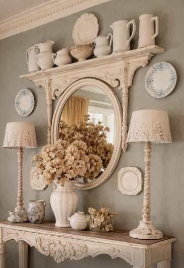 What Home Decor Items Are Trending in 2026? 15 Ideas to Refresh Your Home what home decor items are trending in 2026 highlighting an antique-style console table with an oval mirror, vintage pitchers, matching table lamps, and decorative wall plates