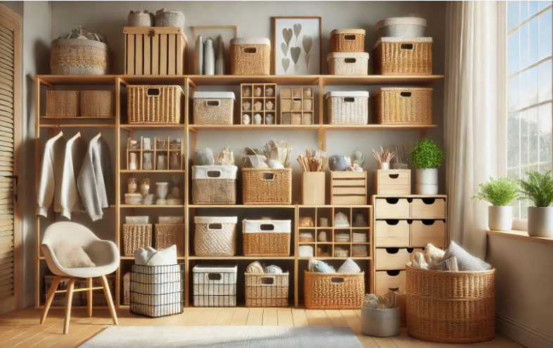What Home Decor Items Are Trending in 2026? 15 Ideas to Refresh Your Home what home decor items are trending in 2026 highlighting an organized walk-in closet and storage shelving unit filled with woven baskets, wooden storage boxes, and neat clothing displays