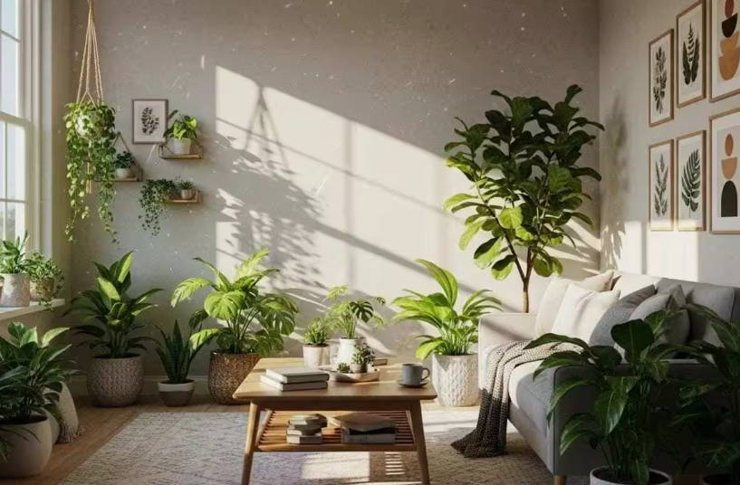 What Home Decor Items Are Trending in 2026? 15 Ideas to Refresh Your Home what home decor items are trending in 2026 highlighting a sunlit plant-filled living room featuring potted houseplants, hanging greenery, a coffee table, and botanical wall art